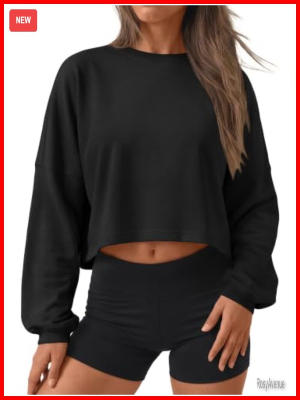 Womens Cropped Sweatshirt Crewneck Long Sleeve Loose Fit Cotton Blend